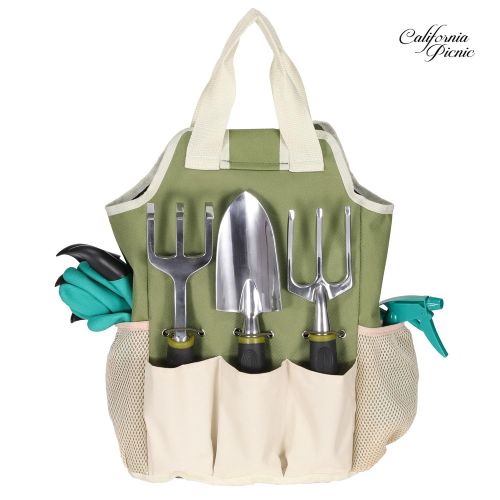  CALIFORNIA PICNIC Garden Tool Set | Garden Tools Organizer Tote | Gardening Gloves Included Great Garden Tools for Woman and Men | 9 Piece Garden Accessories Tool Organizer Kit | Gardening Gifts | G