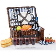 CALIFORNIA PICNIC Picnic Basket for 4 | Handmade Picnic Hamper Set | Ceramic Plates Complete Kit Includes Metal Flatware Wine Glasses S/P Shakers and Bottle Opener | Blue Stripe Pattern Lining | Pic