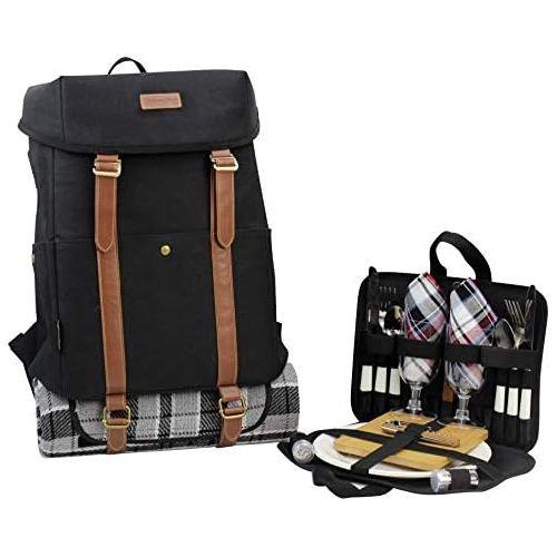  CALIFORNIA PICNIC CP-COOLER-BACK-BLACK-FNSK Picnic Backpack for 2 Picnic Basket Stylish All-in-One Portable Picnic Bag with Complete Cutlery Set, Stainless Steel SP Shakers Picnic