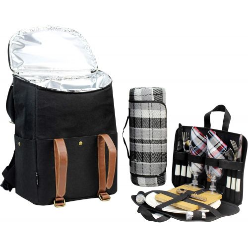  CALIFORNIA PICNIC CP-COOLER-BACK-BLACK-FNSK Picnic Backpack for 2 Picnic Basket Stylish All-in-One Portable Picnic Bag with Complete Cutlery Set, Stainless Steel SP Shakers Picnic