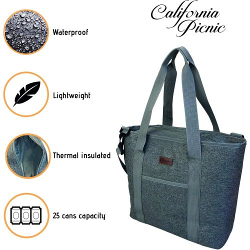  CALIFORNIA PICNIC Large Cooler Bag Insulated Cooler Tote Bag Carrier 25 Can Capacity Cooler Bags Insulated for Travel with Zipper Insulated Tote Bags Insulated Grocery Bag Thermal Beach Market Tote