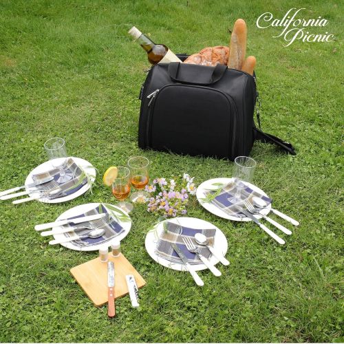  CALIFORNIA PICNIC Picnic Basket Tote | Picnic Shoulder Bag Set | Stylish All-in-One Portable Picnic Bag for 4 with Complete Cutlery Set | Salt/Pepper Shakers | Cheese Board | Cooler Bag for Camping
