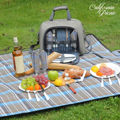  CALIFORNIA PICNIC Picnic Basket Tote | Picnic Shoulder Bag Set | Stylish All-in-One Portable Picnic Bag for 4 with Complete Cutlery Set | Salt/Pepper Shakers | Cheese Board | Cooler Bag for Camping