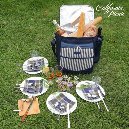  CALIFORNIA PICNIC Picnic Basket Tote | Picnic Shoulder Bag Set | Stylish All-in-One Portable Picnic Bag for 4 with Complete Cutlery Set | Salt/Pepper Shakers | Cheese Board | Cooler Bag for Camping