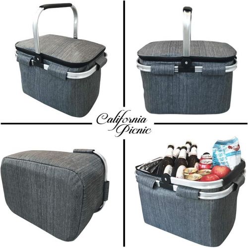  CALIFORNIA PICNIC Large Insulated Picnic Basket Cooler | 7.7 Gal Capacity Leakproof Folding Collapsible Portable Market Basket Bag Set Aluminum Handles for Travel, Shopping and Camping | Keeps Wine,