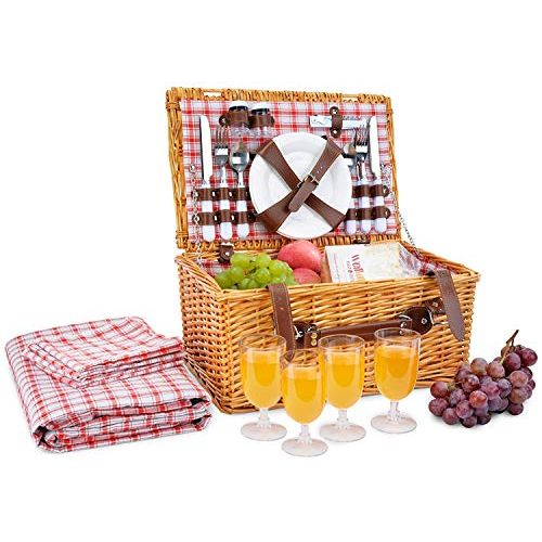  CALIFORNIA PICNIC Picnic Basket for 4 Person | Red Picnic Hamper Set | Folding Picnic Blanket | Picnic Table Set | Picnic Plates | Picnic Supplies | Summer Picnic Kit | Picnic Utensils Cutlery Set F