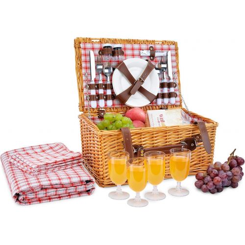  CALIFORNIA PICNIC Picnic Basket for 4 Person | Red Picnic Hamper Set | Folding Picnic Blanket | Picnic Table Set | Picnic Plates | Picnic Supplies | Summer Picnic Kit | Picnic Utensils Cutlery Set F