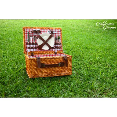  CALIFORNIA PICNIC Picnic Basket for 4 Person | Red Picnic Hamper Set | Folding Picnic Blanket | Picnic Table Set | Picnic Plates | Picnic Supplies | Summer Picnic Kit | Picnic Utensils Cutlery Set F