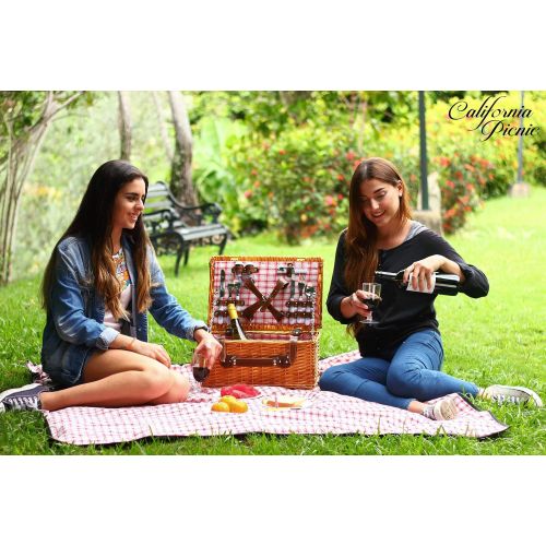  CALIFORNIA PICNIC Picnic Basket for 4 Person | Red Picnic Hamper Set | Folding Picnic Blanket | Picnic Table Set | Picnic Plates | Picnic Supplies | Summer Picnic Kit | Picnic Utensils Cutlery Set F