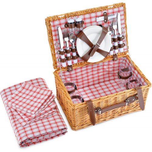  CALIFORNIA PICNIC Picnic Basket for 4 Person | Red Picnic Hamper Set | Folding Picnic Blanket | Picnic Table Set | Picnic Plates | Picnic Supplies | Summer Picnic Kit | Picnic Utensils Cutlery Set F