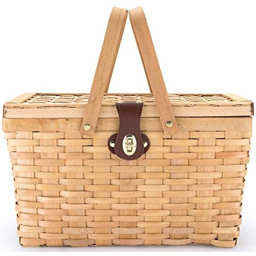  CALIFORNIA PICNIC Picnic Basket | Wood Chip Design | Red and White Gingham Pattern Lining | Strong Wooden Folding Handles | Features a Leather Strap Metal Lock for Safety | Natural Eco Friendly Wove