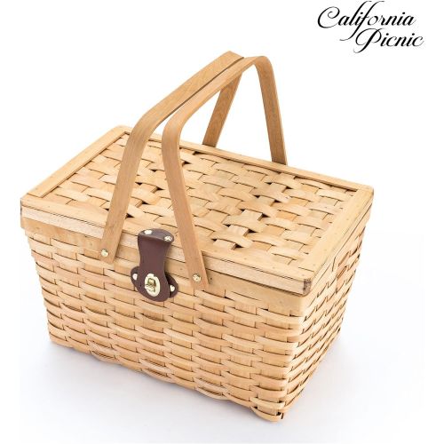  CALIFORNIA PICNIC Picnic Basket | Wood Chip Design | Red and White Gingham Pattern Lining | Strong Wooden Folding Handles | Features a Leather Strap Metal Lock for Safety | Natural Eco Friendly Wove