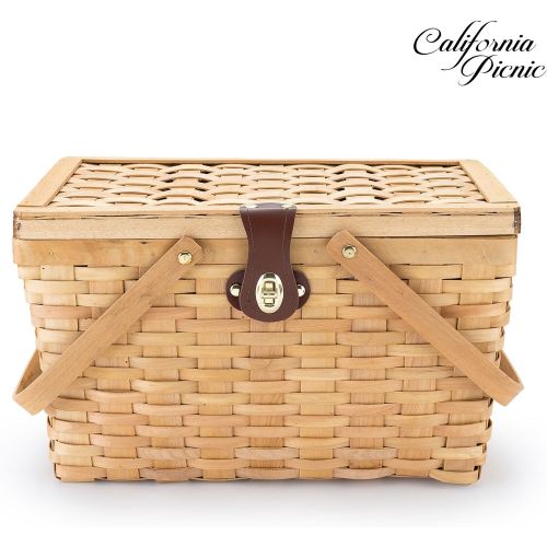  CALIFORNIA PICNIC Picnic Basket | Wood Chip Design | Red and White Gingham Pattern Lining | Strong Wooden Folding Handles | Features a Leather Strap Metal Lock for Safety | Natural Eco Friendly Wove