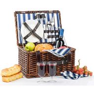 CALIFORNIA PICNIC Picnic Basket for 2 | Handmade Picnic Hamper Set | Ceramic Plates Complete Kit Includes Metal Flatware Wine Glasses S/P Shakers and Bottle Opener | Blue Stripe Pattern Lining | Pic