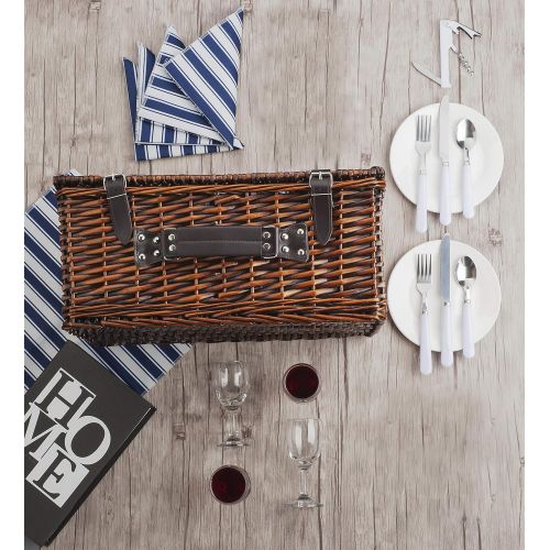  CALIFORNIA PICNIC Picnic Basket for 2 | Handmade Picnic Hamper Set | Ceramic Plates Complete Kit Includes Metal Flatware Wine Glasses S/P Shakers and Bottle Opener | Blue Stripe Pattern Lining | Pic