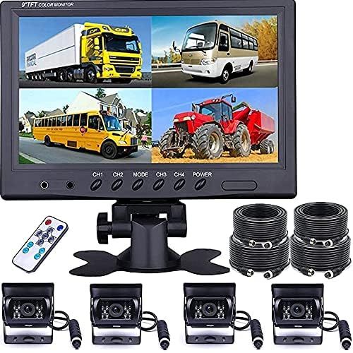  Vehicle Backup Camera Camecho 9 4 Split Monitor Front View, Camera 18 IR Night Vision Waterproof Car Camera with 2 x 33ft and 2 x 20 Cables for Caravan, Trailer, Bus, Truck