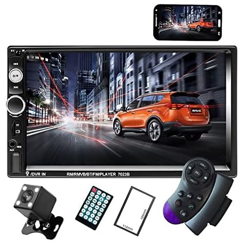  Camecho Double Din Car Radio Audio Bluetooth Touch MP5 Player USB FM Android Phone Mirror Link Entertainment Multimedia Stereo + 4 LED Mini Reversing Camera with Steering Wheel Rem