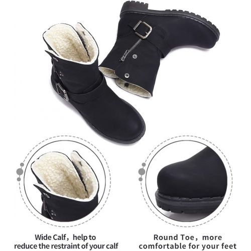  [아마존 핫딜] [아마존핫딜]CAMEL+CROWN CAMEL CROWN Wide Calf Boots for Women Round Toe Leather Combat Boots with Zipper, Buckle Strap