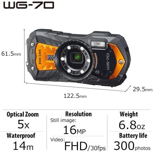  CAMERA_DIGITAL Ricoh WG-70 Orange Waterproof Digital Camera 16MP