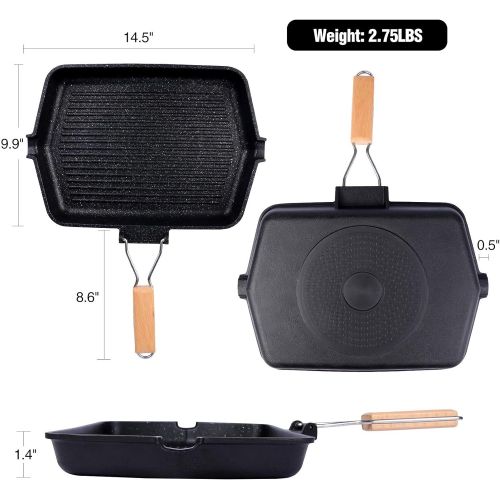  CAMPMAX Grill Pan with Folding Handle, Non stick Grill Pan for Stove Tops, Induction Compatible KBBQ Grill Pan 14.5x9.9”