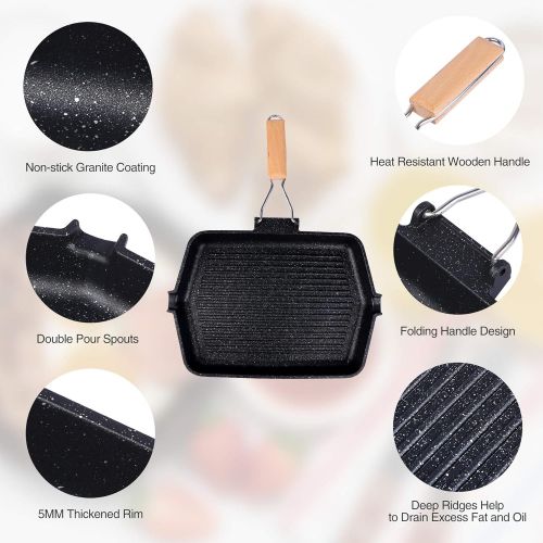  CAMPMAX Grill Pan with Folding Handle, Non stick Grill Pan for Stove Tops, Induction Compatible KBBQ Grill Pan 14.5x9.9”