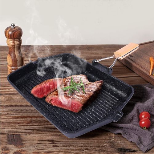  CAMPMAX Grill Pan with Folding Handle, Non stick Grill Pan for Stove Tops, Induction Compatible KBBQ Grill Pan 14.5x9.9”