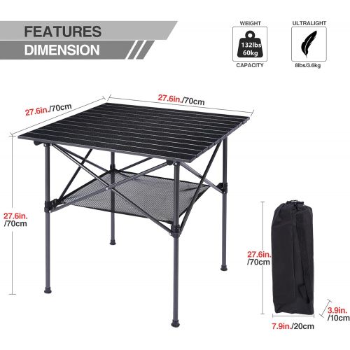  CAMPMOON Aluminum Camping Table Roll Top with Mesh Storage, Folding Lightweight Roll Up Table Square for Outdoor Camping Grill, Black,?27.6x27.6 Inch (70x70cm)