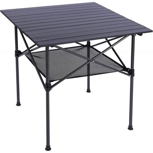  CAMPMOON Aluminum Camping Table Roll Top with Mesh Storage, Folding Lightweight Roll Up Table Square for Outdoor Camping Grill, Black,?27.6x27.6 Inch (70x70cm)