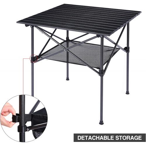  CAMPMOON Aluminum Camping Table Roll Top with Mesh Storage, Folding Lightweight Roll Up Table Square for Outdoor Camping Grill, Black,?27.6x27.6 Inch (70x70cm)