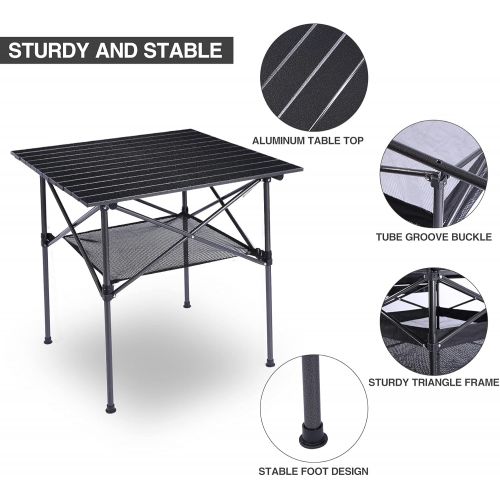  CAMPMOON Aluminum Camping Table Roll Top with Mesh Storage, Folding Lightweight Roll Up Table Square for Outdoor Camping Grill, Black,?27.6x27.6 Inch (70x70cm)