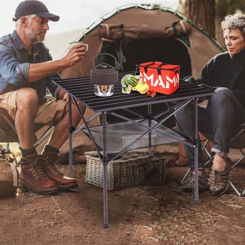  CAMPMOON Aluminum Camping Table Roll Top with Mesh Storage, Folding Lightweight Roll Up Table Square for Outdoor Camping Grill, Black,?27.6x27.6 Inch (70x70cm)