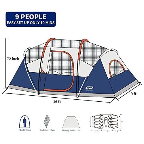 CAMPROS CP CAMPROS Tent 9-10 Person Camping Tents, Waterproof Windproof Family Tent with Top Rainfly, 4 Large Mesh Windows, Double Layer, Easy Set Up, Portable with Carry Bag
