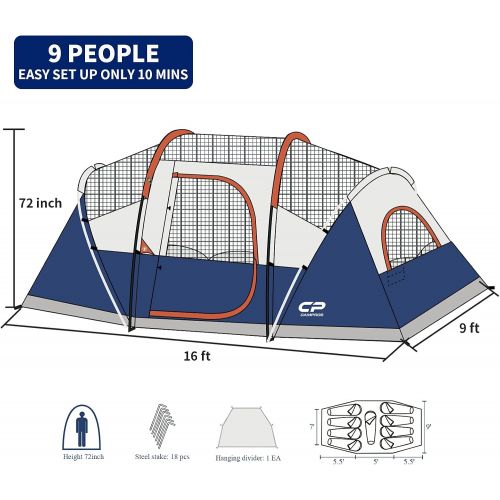  CAMPROS CP CAMPROS Tent 9-10 Person Camping Tents, Waterproof Windproof Family Tent with Top Rainfly, 4 Large Mesh Windows, Double Layer, Easy Set Up, Portable with Carry Bag