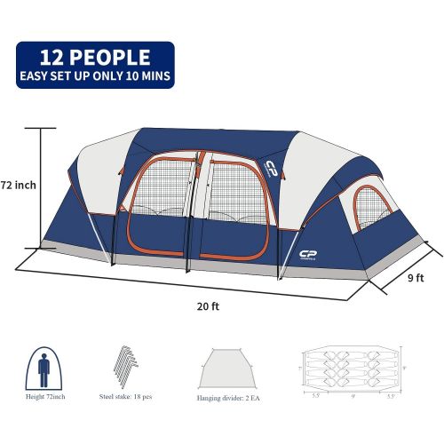  CAMPROS CP CAMPROS Tent 12 Person Camping Tents, 3 Room Water Resistant Family Tent with Top Rainfly, 6 Large Mesh Windows, Double Layer, Easy Set Up, Portable with Carry Bag