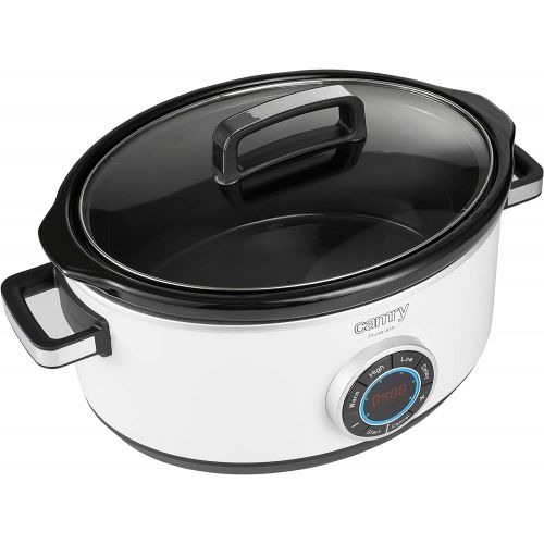  Camry CR6410 Kochtopf, 6,5 l, Slow Cooker Digital Timer und 3 Temperatureinstellungen, langsam kochen, Glasdeckel und Keramiktopf, Weiss