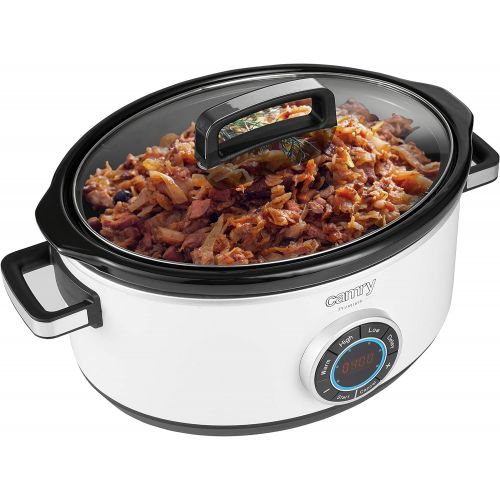  Camry CR6410 Kochtopf, 6,5 l, Slow Cooker Digital Timer und 3 Temperatureinstellungen, langsam kochen, Glasdeckel und Keramiktopf, Weiss