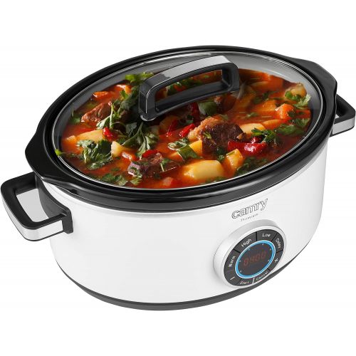  Camry CR6410 Kochtopf, 6,5 l, Slow Cooker Digital Timer und 3 Temperatureinstellungen, langsam kochen, Glasdeckel und Keramiktopf, Weiss