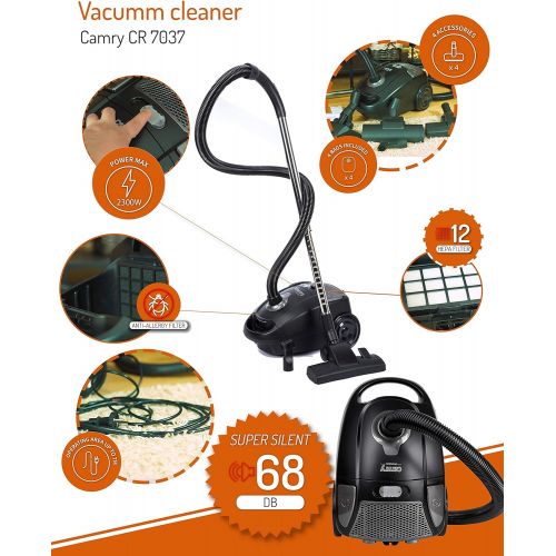  [아마존베스트]CAMRY CR 7037 Vacuum Cleaner 2300 W, Quiet Floor Vacuum Cleaner 68 dB with 4 Bags and Filter Hepa 12.7 m Long Cable, 3 L Bag, Energy Efficiency Class A, Includes Four Attachments,