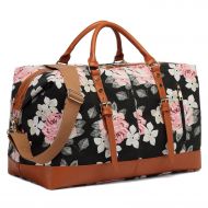 CAMTOP Weekend Travel Bag Ladies Women Duffle Tote Bags PU Leather Trim Canvas Overnight Bag (Flower)