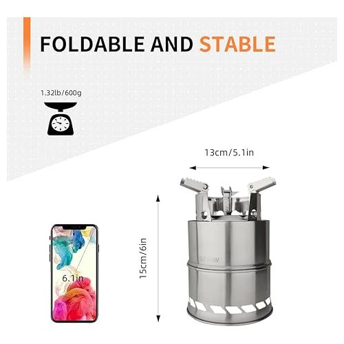  CANWAY Camping Stove, Wood Stove/Backpacking Survival Stove, Windproof Anti-Slip Portable Stainless Steel Wood Burning Stove with Nylon Carry Bag for Outdoor Backpacking Hiking Traveling Picnic BBQ