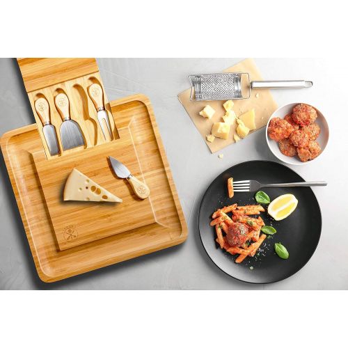  [아마존베스트]CANWELL Premium Bamboo Cheese Board and Cutlery Set, 4 Stainless Steel Serving Utensils Charcuterie Platter and Serving Meat Tray