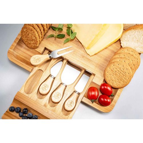  [아마존베스트]CANWELL Premium Bamboo Cheese Board and Cutlery Set, 4 Stainless Steel Serving Utensils Charcuterie Platter and Serving Meat Tray