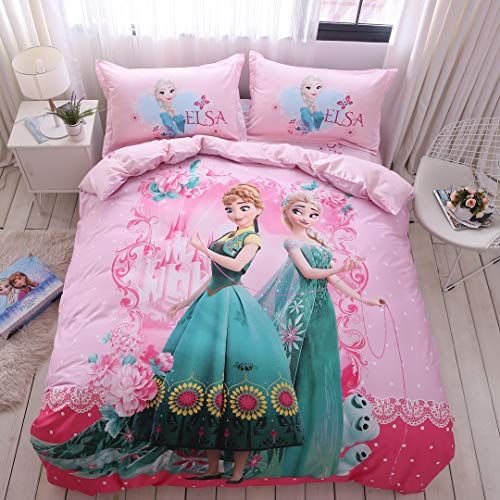  Casa 100% Cotton Kids Bedding Set Girls Frozen Elsa and Anna Princesses Pink Duvet Cover and Pillow case and Fitted Sheet,3 Pieces,Twin