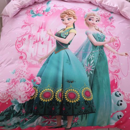  Casa 100% Cotton Kids Bedding Set Girls Frozen Elsa and Anna Princesses Pink Duvet Cover and Pillow case and Fitted Sheet,3 Pieces,Twin