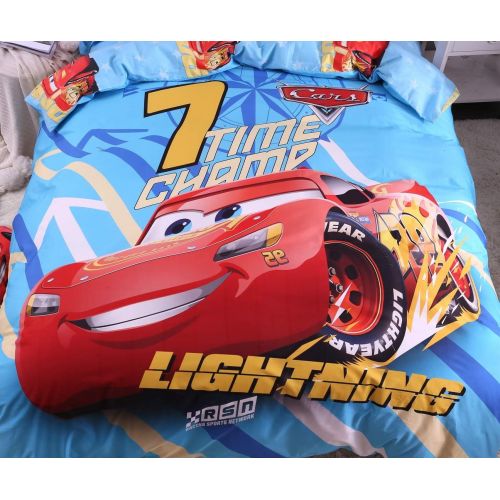  Casa 100% Cotton Kids Bedding Set Boys Lightning McQueen Blue Duvet Cover and Pillow Cases and Flat Sheet,4 Pieces,Queen