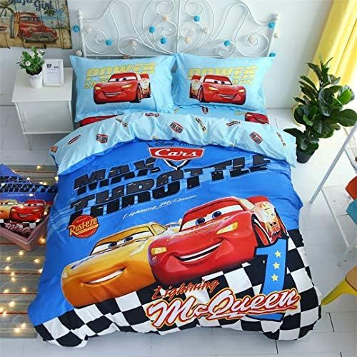  Casa 100% Cotton Kids Bedding Set Boys Lightning McQueen and Cruze Ramirez Blue Duvet Cover and Pillow Cases and Flat Sheet,4 Pieces,Queen