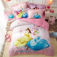 Casa 100% Cotton Kids Bedding Set Girls Princesses Cinderella and Bella Duvet Cover and Pillow Cases and Fitted Sheet,4 Pieces,Queen