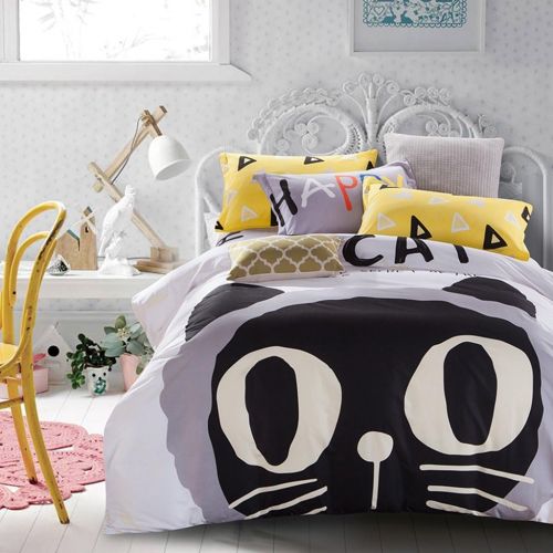  Casa CASA Kids Duvet cover set 100% cotton Children Bedding Duvet cover and Flat sheet and Pillowcases,4PC,queen,Cat