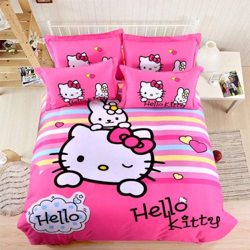  Casa 100% Cotton Brushed Kids Bedding Girls Hello Kitty Duvet Cover Set & Fitted Sheet,4 Piece,Full