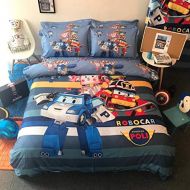 Casa 100% Cotton Kids Bedding Set Boys Robocar Poli Duvet Cover and Pillow Cases and Fitted Sheet,4 Pieces,Full